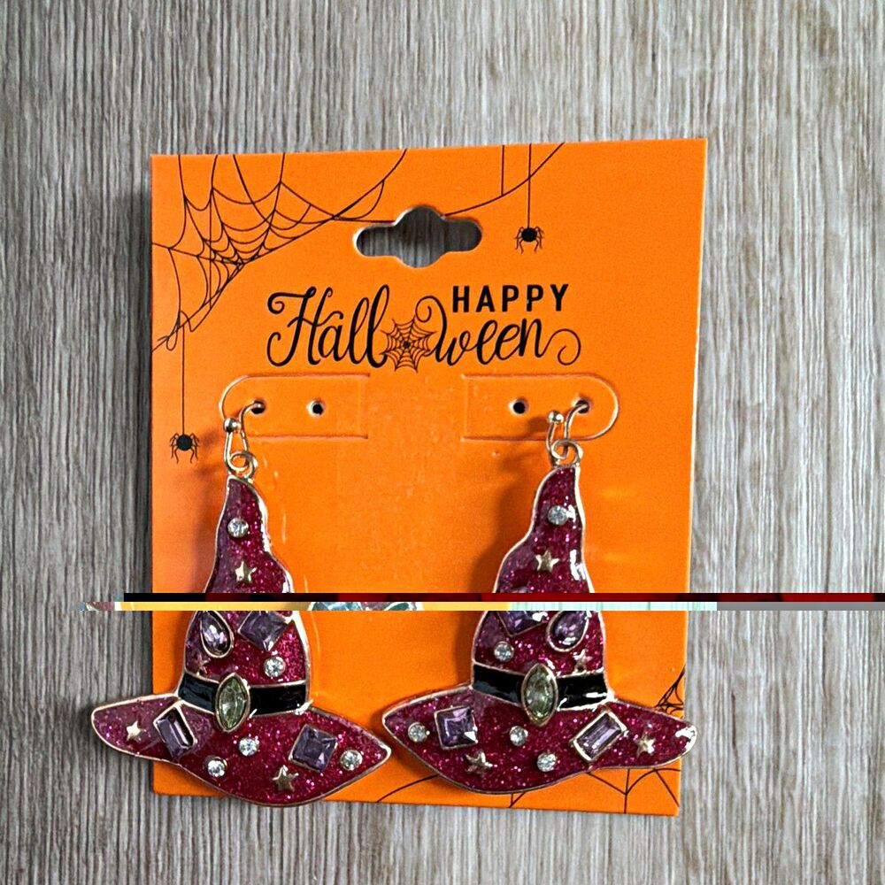 Halloween Pink Witch Hat Clear Crystal Dangle/Drop Hook Earrings NIP
